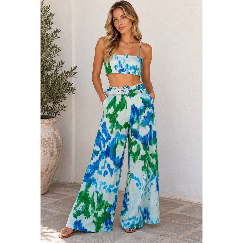 NWT Hemant & Nandita Vida Bandeau Set Women XS Blue Green Crop Top Wide Leg Pant